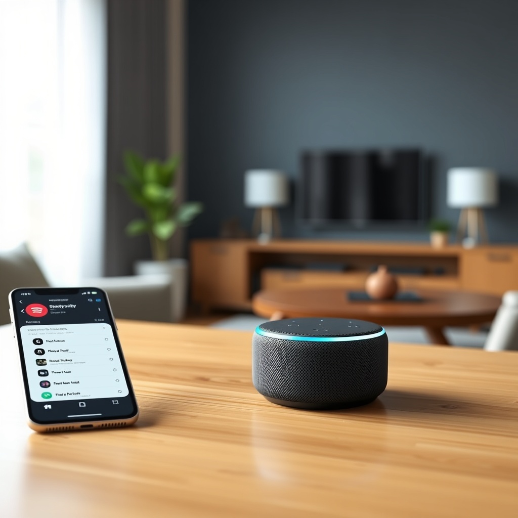 A photorealistic photo of an Amazon Echo Dot (5th Gen) on a wooden table
