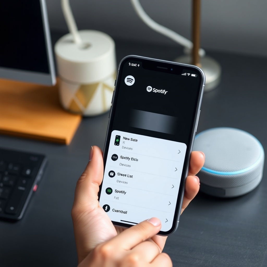A photorealistic photo of a person's hand holding a smartphone showing the Spotify Connect