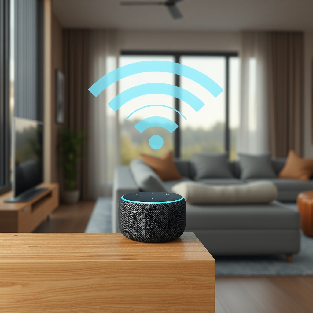 A photorealistic shot of an Amazon Echo Dot (5th Gen) sitting on a wooden shelf near a win