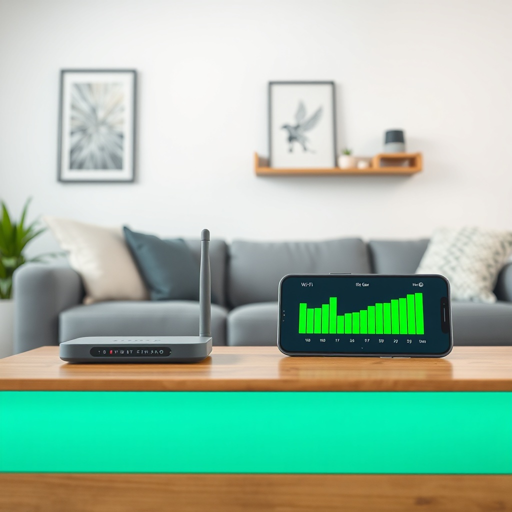 A photorealistic image of a living room showing a Wi-Fi router on a table with a smartphon