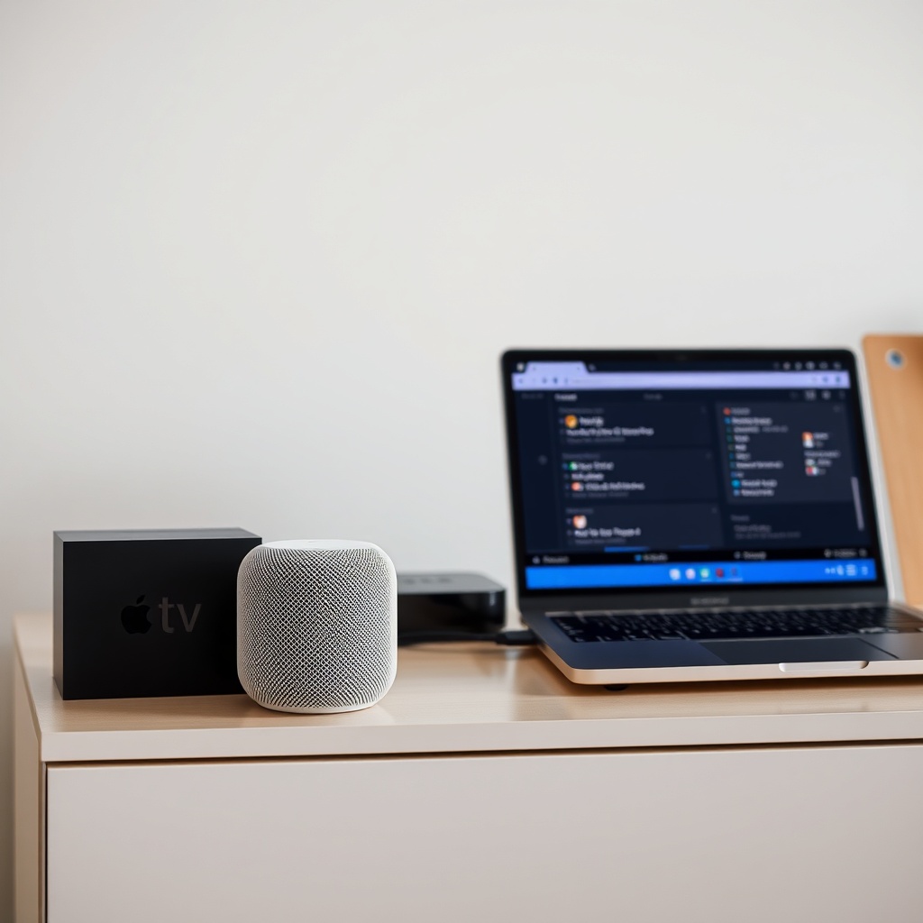 A photorealistic shot of a living room with an Apple HomePod mini sitting on a shelf next