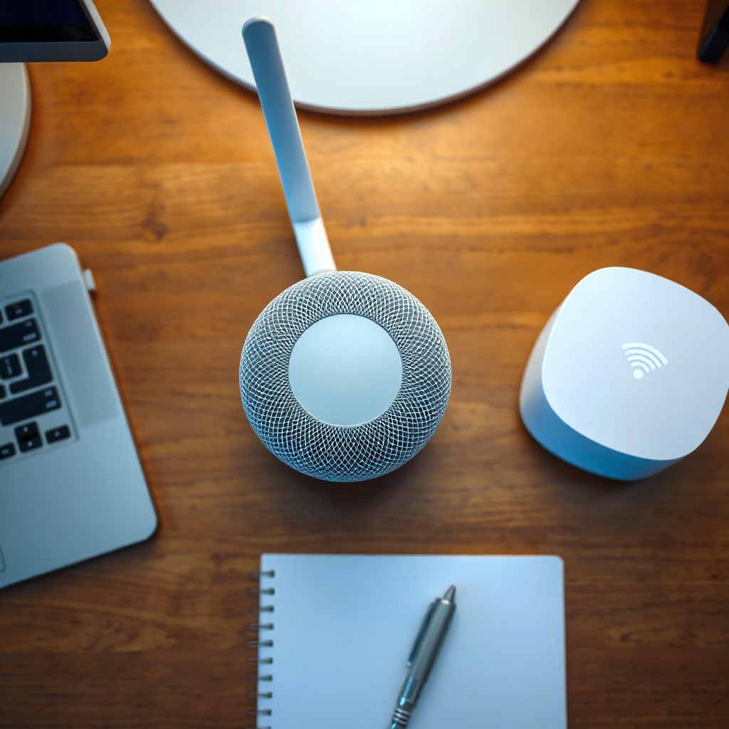A photorealistic top-down view of an Apple HomePod mini sitting on a wooden desk next to a