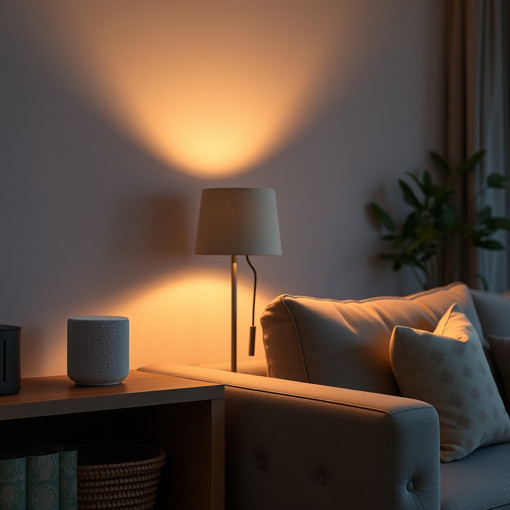 A photorealistic living room scene at dusk with a HomePod mini on a shelf
