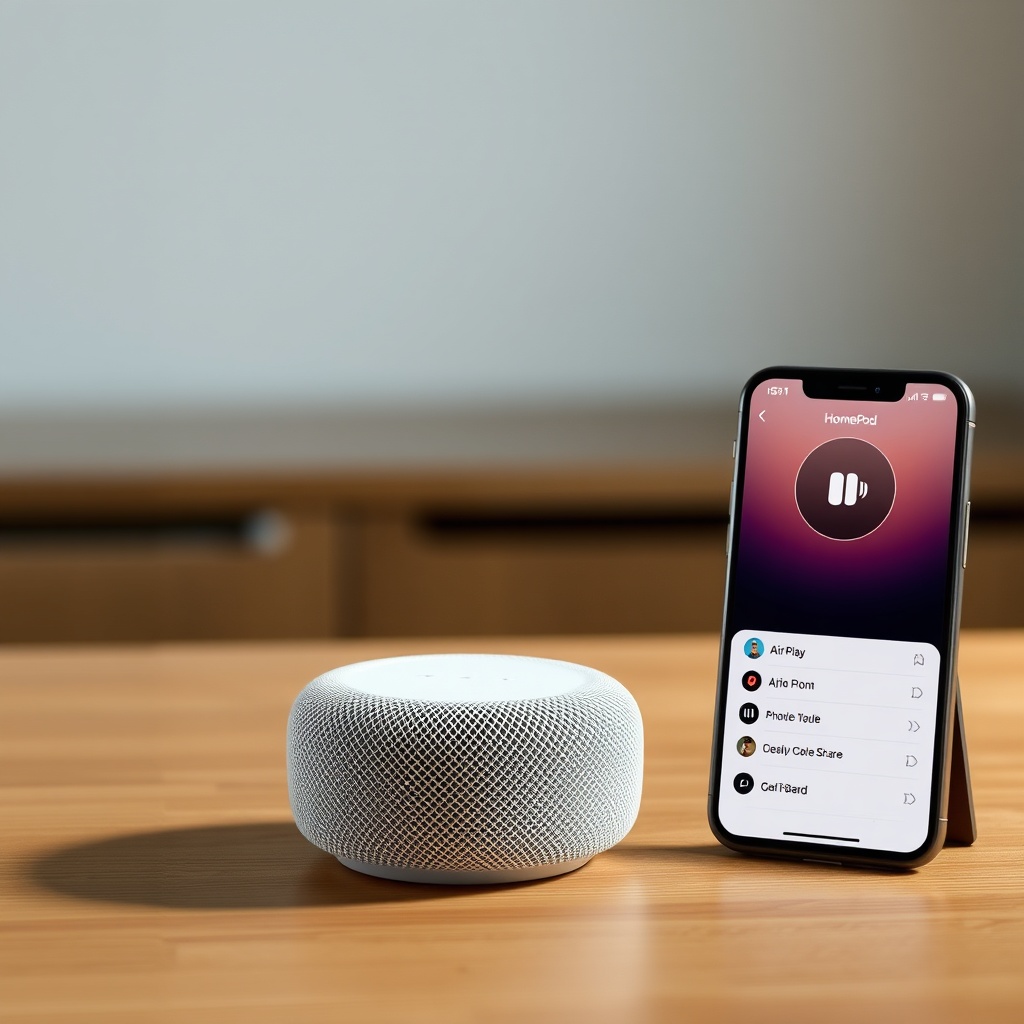 A clean photorealistic photo of an Apple HomePod mini resting on a wooden table