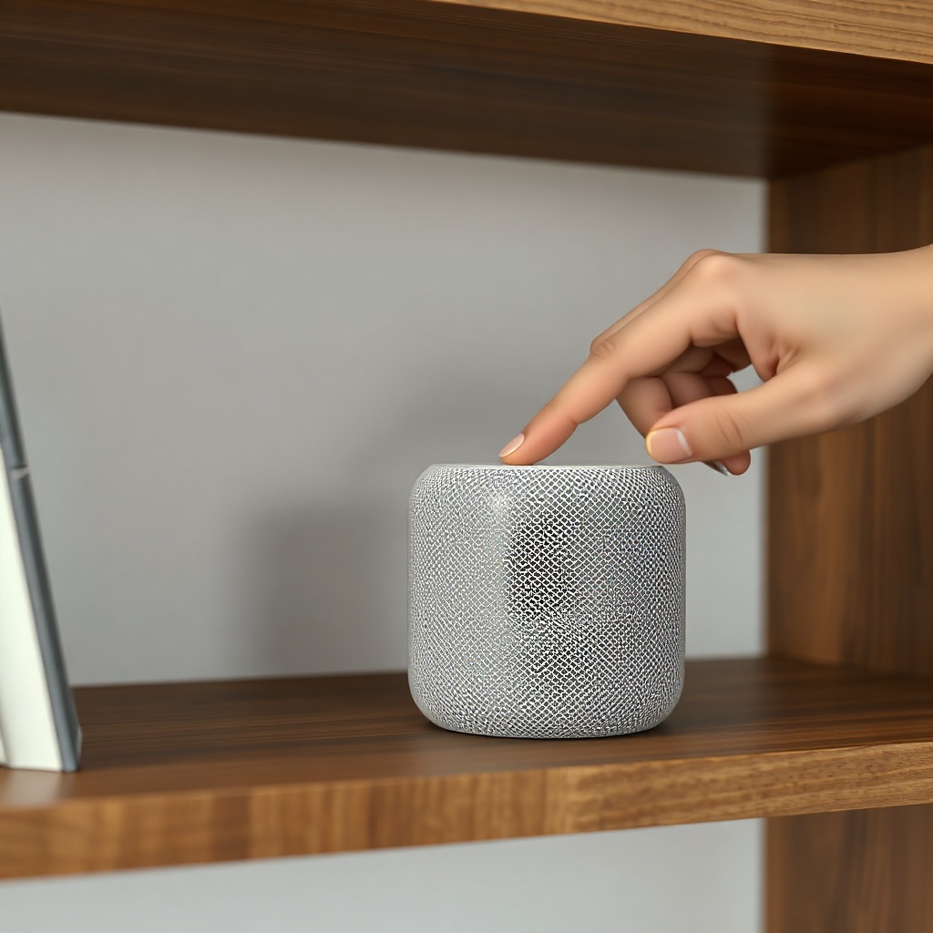 A photorealistic close-up of an Apple HomePod mini sitting on a wooden shelf