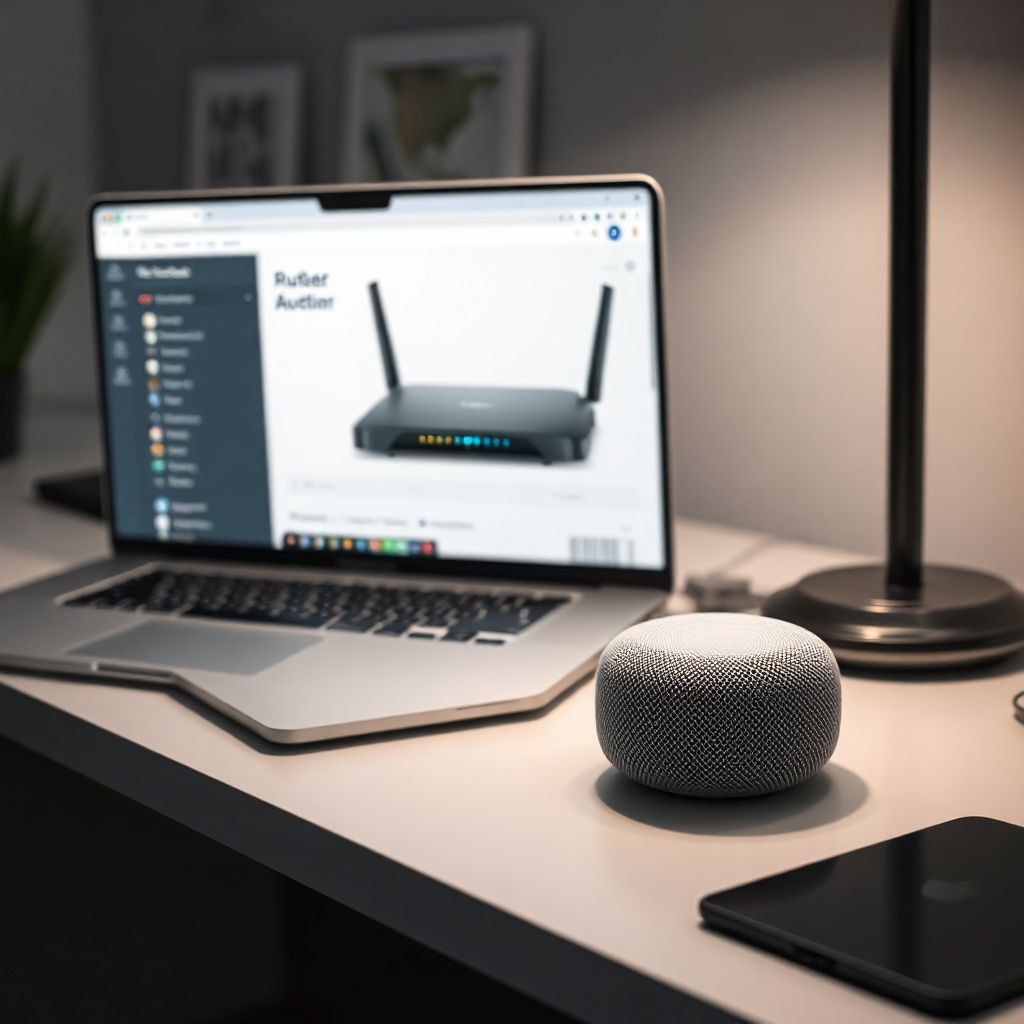 A photorealistic shot of a router’s admin interface on a laptop screen next to an Apple Ho