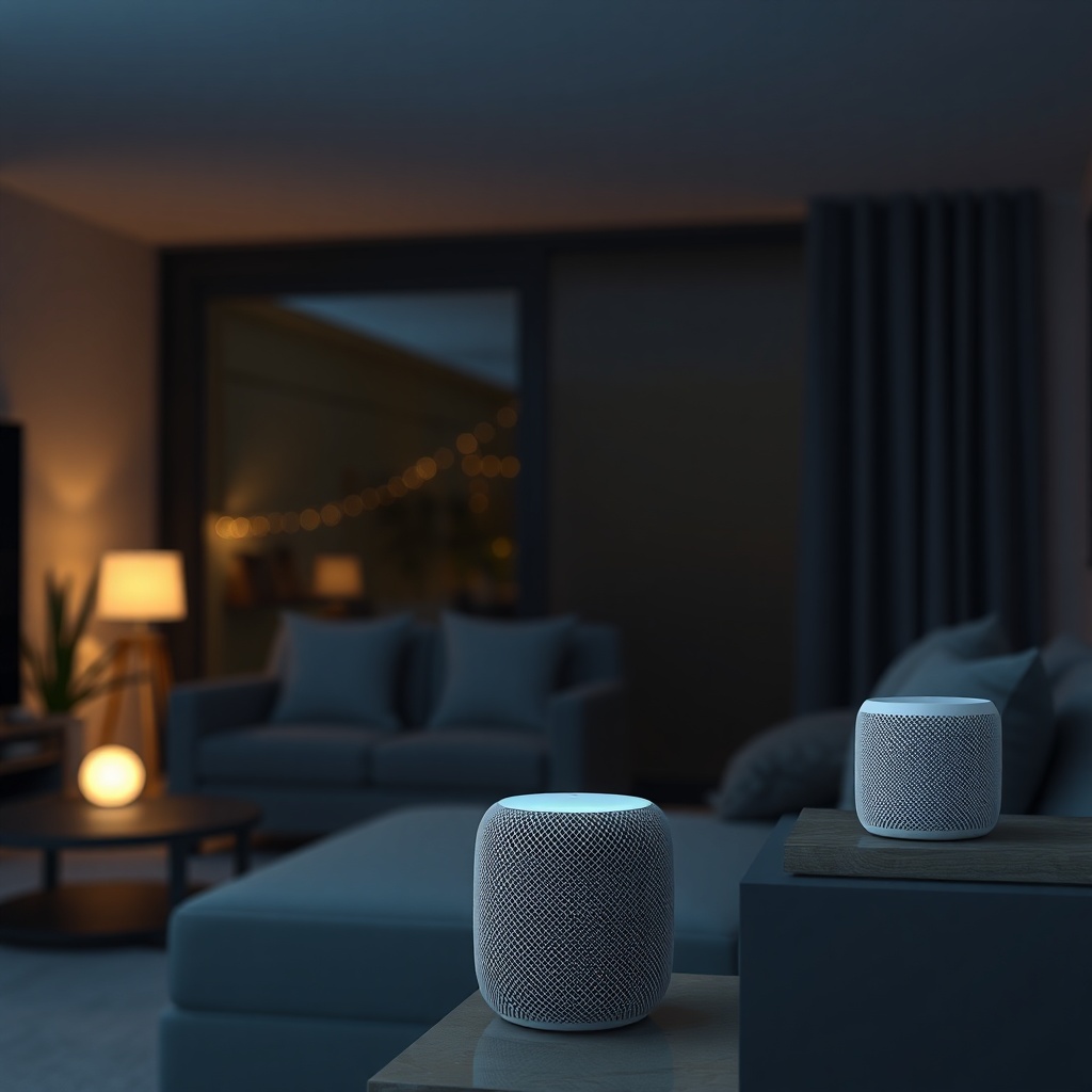 A photorealistic photo of a living room at night with a Matter-connected smart light glowi