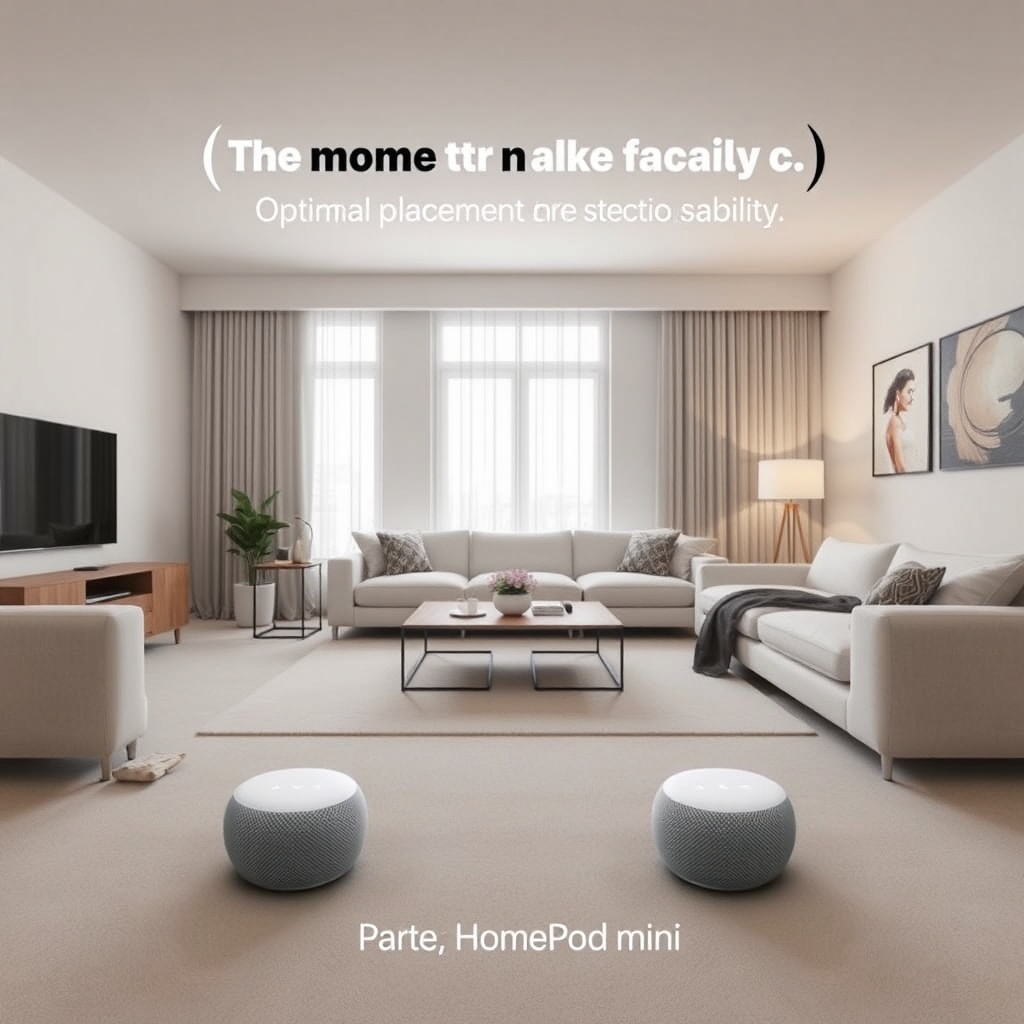 A photorealistic wide-angle shot of a modern living room with two HomePod minis on opposit