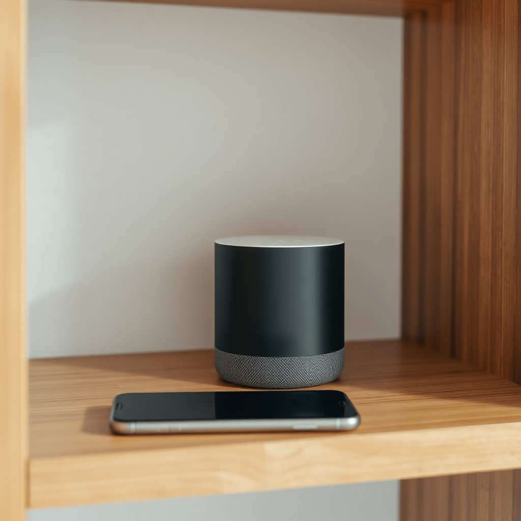 A clean photorealistic photo of a Google Nest Audio on a wooden shelf