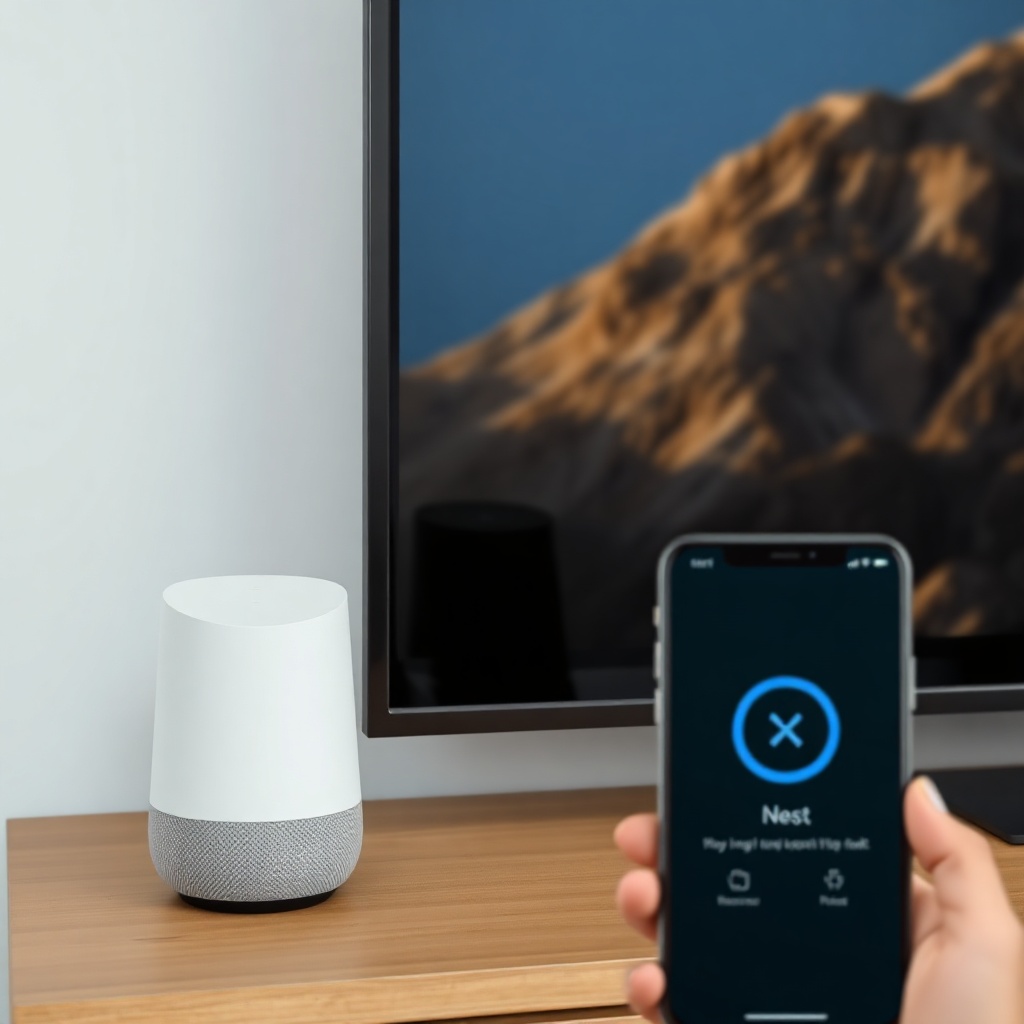 A photorealistic photo of a Google Nest Audio next to a TV