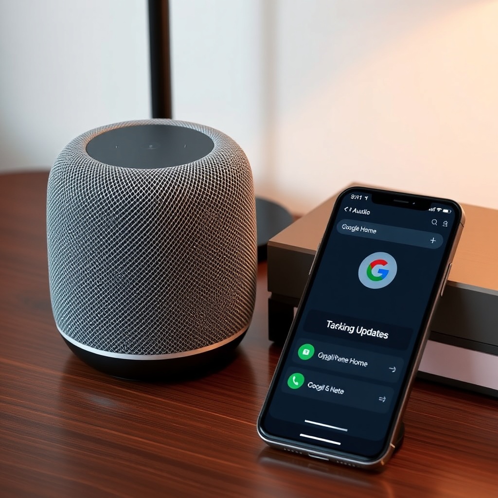 A clean photorealistic photo of a Google Nest Audio speaker on a wooden desk