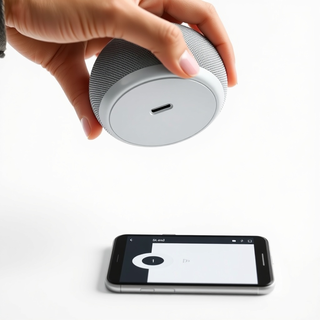 A clean photorealistic photo of a user holding a Google Nest Audio slightly tilted