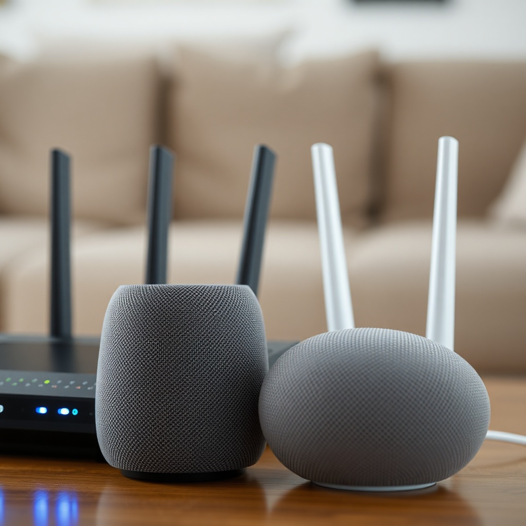 A photorealistic close-up of a Google Nest Audio beside a router with blinking lights
