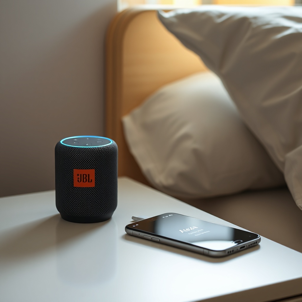 A clean photorealistic photo of a JBL Link Music speaker on a bedside table