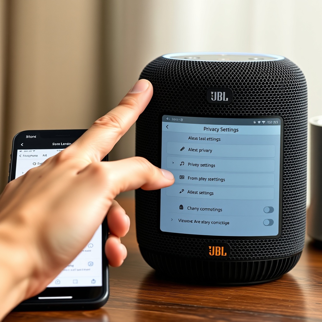 A clean photorealistic photo of a hand touching the microphone button on a JBL Link Music