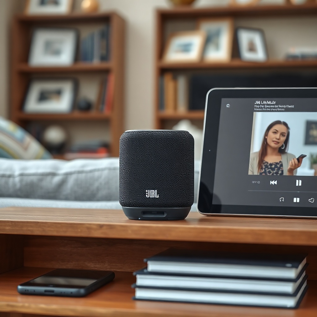 A photorealistic photo of a JBL Link Music speaker placed on a wooden shelf in a living ro