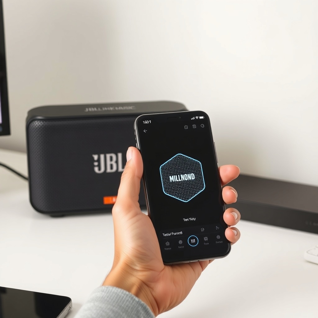 A photorealistic photo of a person's hand holding a smartphone in front of a JBL Link Musi
