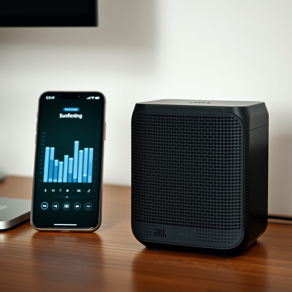 <clean photorealistic photo of a JBL Link Music on a wooden desk