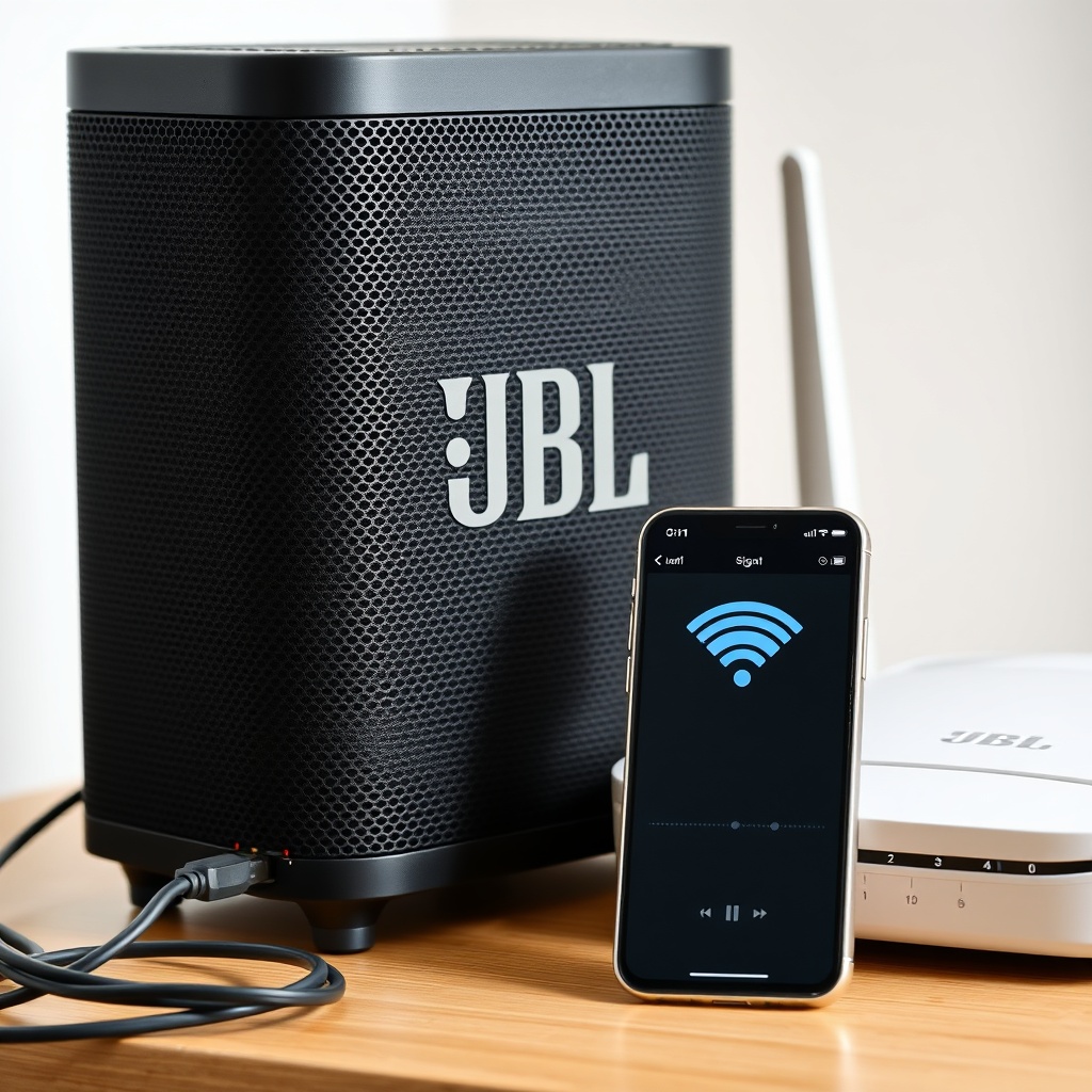 <clean photorealistic photo of a JBL Link Music next to a Wi-Fi router