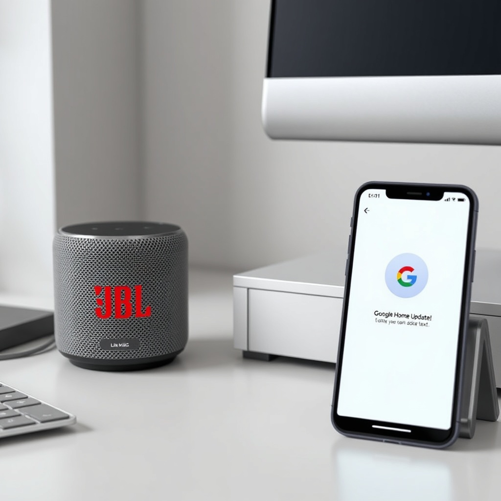 A clean photorealistic photo of a JBL Link Music speaker on a desk next to a smartphone sh