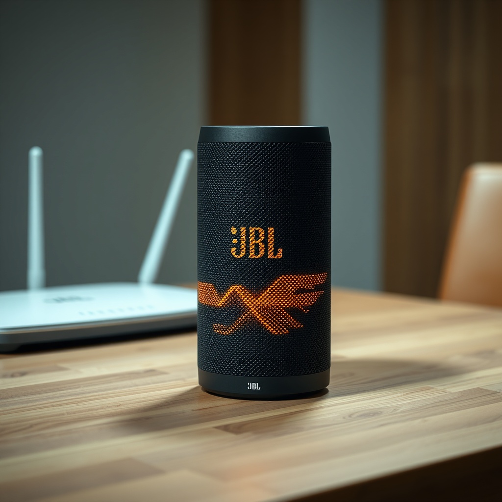 A photorealistic photo of a JBL Link Music speaker with its LED blinking amber
