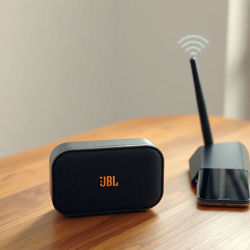 A clean photorealistic photo of a JBL Link Music speaker placed on a wooden table near a r
