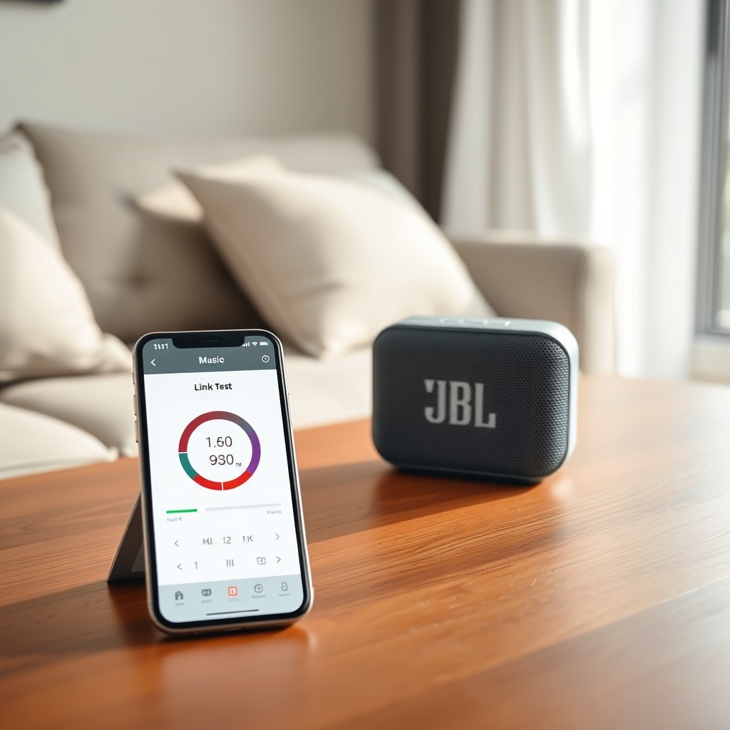 <a photorealistic photo of a JBL Link Music speaker sitting on a coffee table