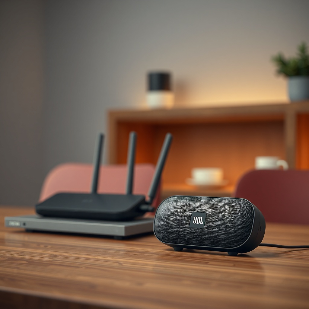 A clean photorealistic photo of a JBL Link Music sitting on a wooden table near a modern r