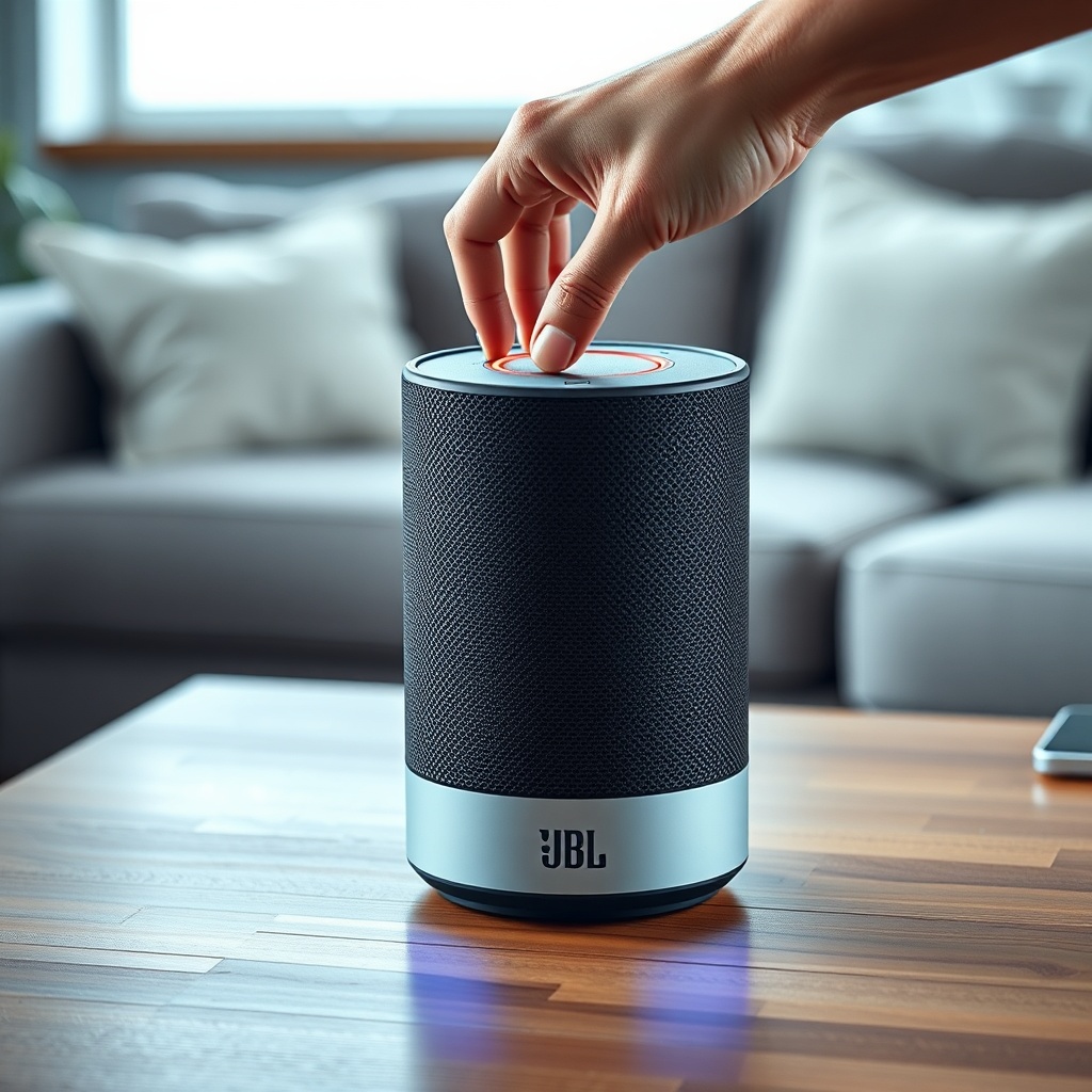 A photorealistic photo of a JBL Link Music speaker placed on a wooden table in a living ro