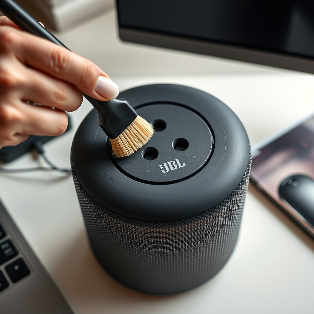 A photorealistic photo of a user inspecting the top panel of a JBL Link Music speaker with