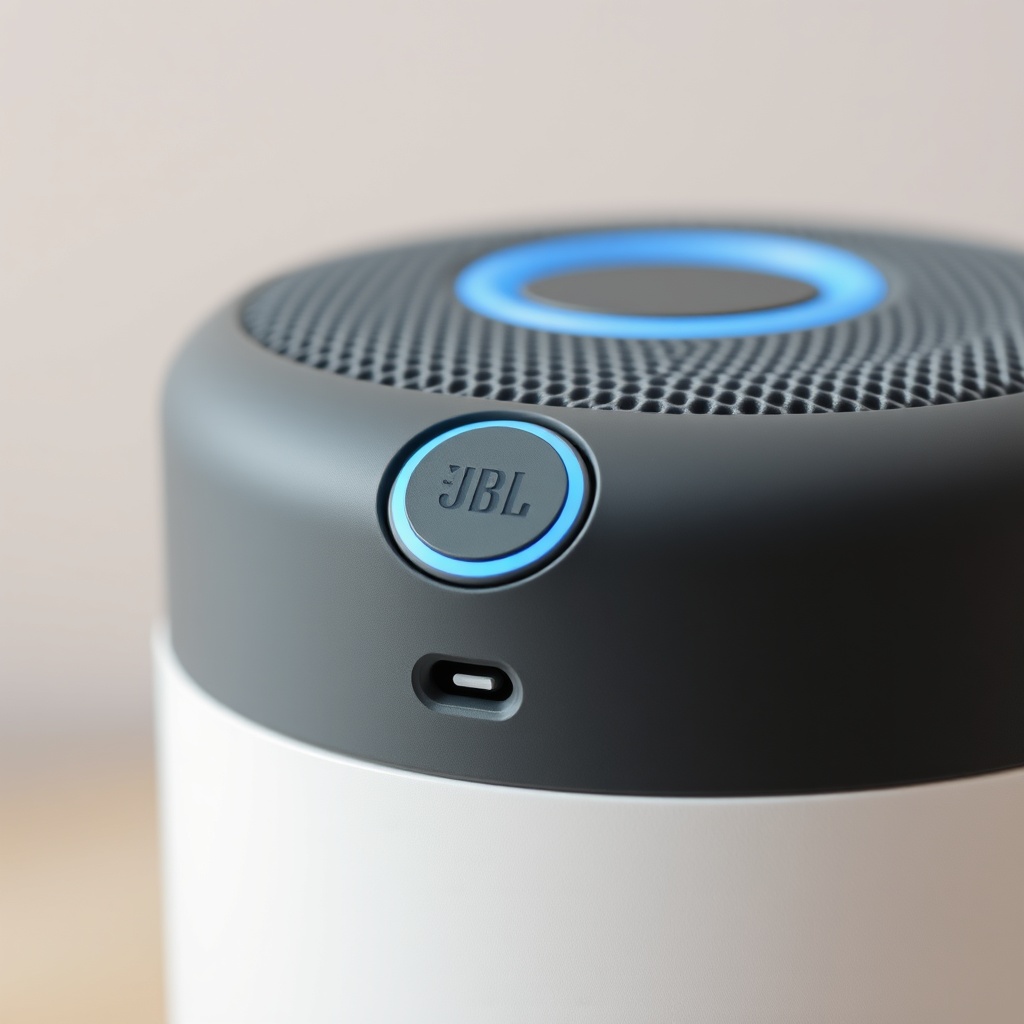 A clean photorealistic close-up of the JBL Link Music’s top panel