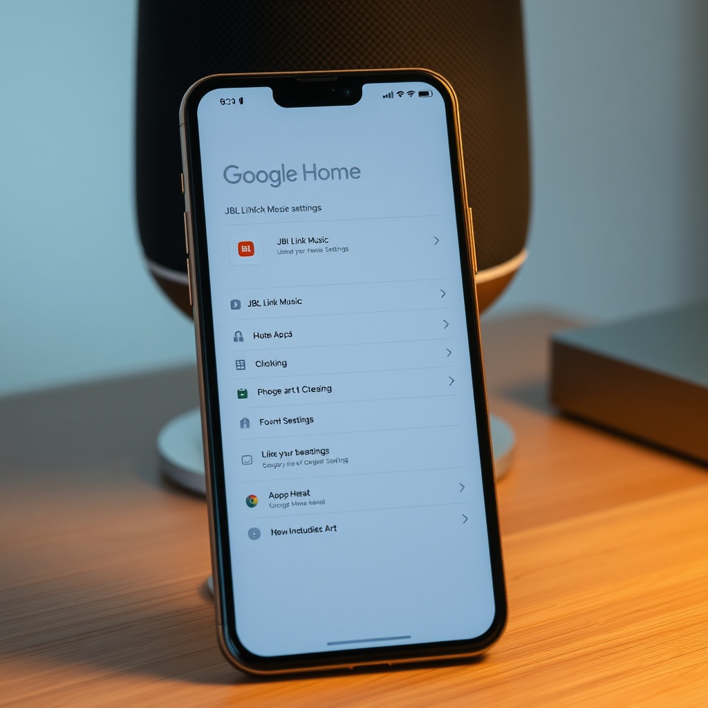 A photorealistic photo of a smartphone screen displaying the Google Home app interface wit