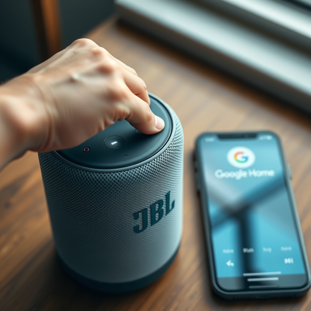 A clean photorealistic close-up of a JBL Link Music on a wooden table