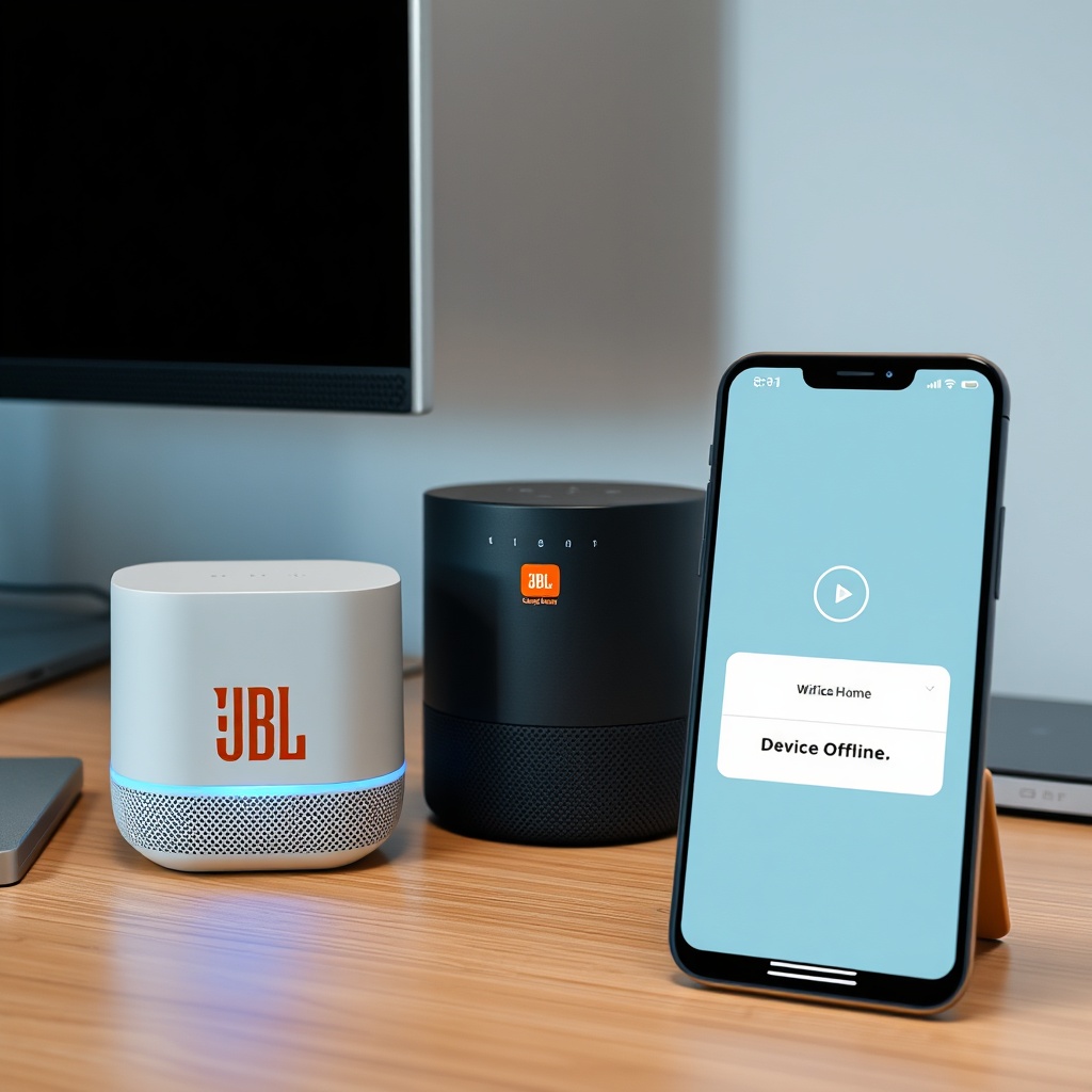 A clean photorealistic shot of a JBL Link Music on a modern desk next to a Wi-Fi router wi
