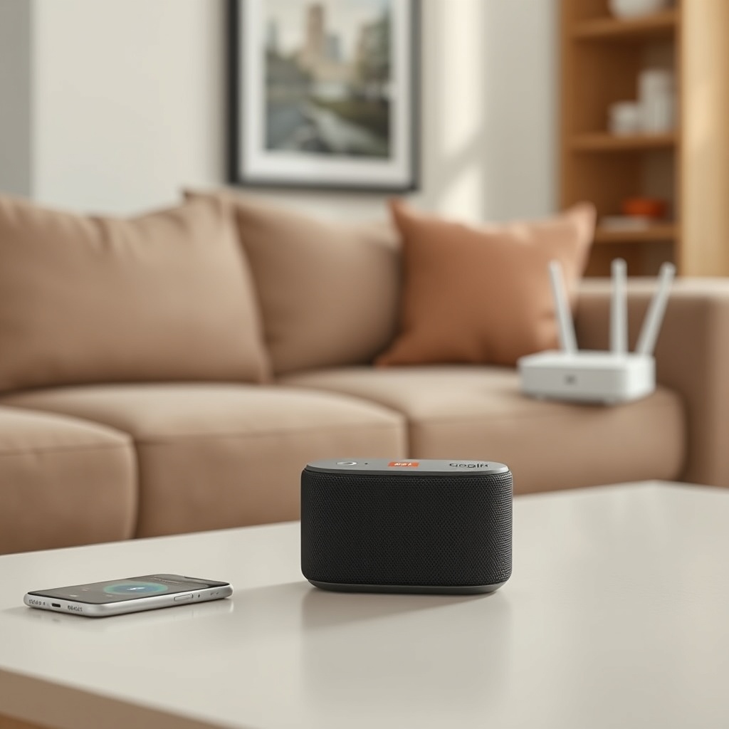 clean photorealistic photo of a JBL Link Music sitting on a living room table