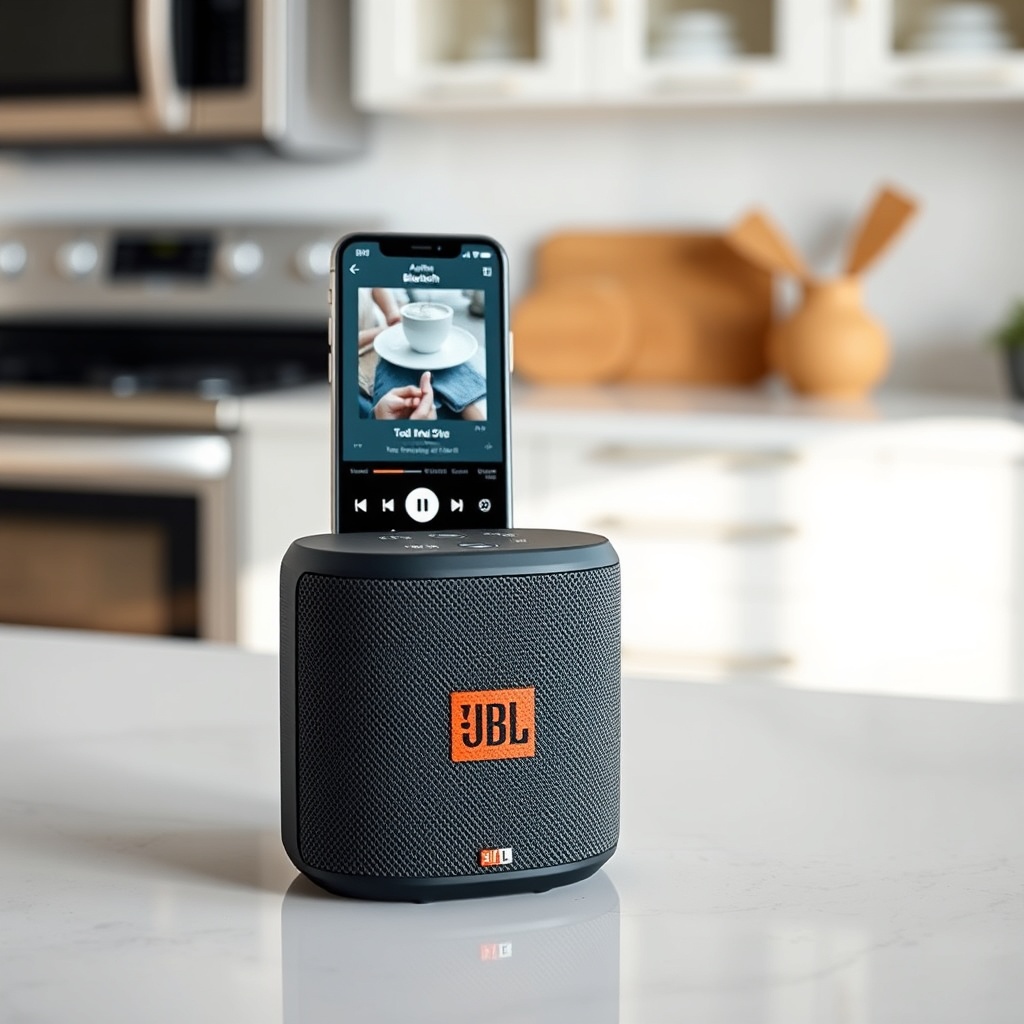 clean photorealistic photo of a JBL Link Music on a kitchen counter