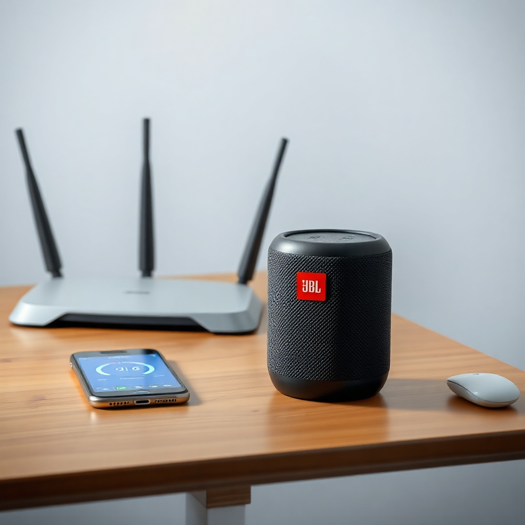 A clean photorealistic photo of a JBL Link Music speaker placed on a wooden table near a w