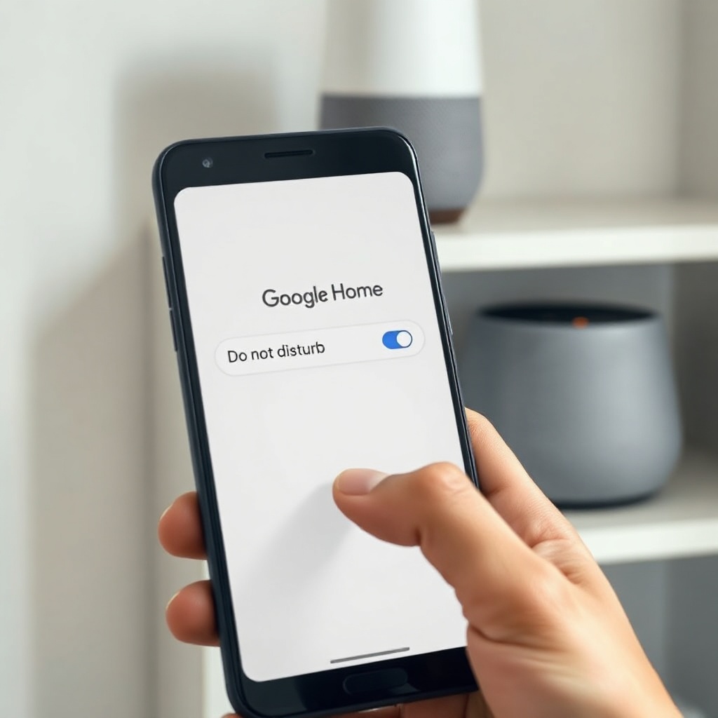 A clean photorealistic photo of a hand tapping a smartphone screen showing the Google Home