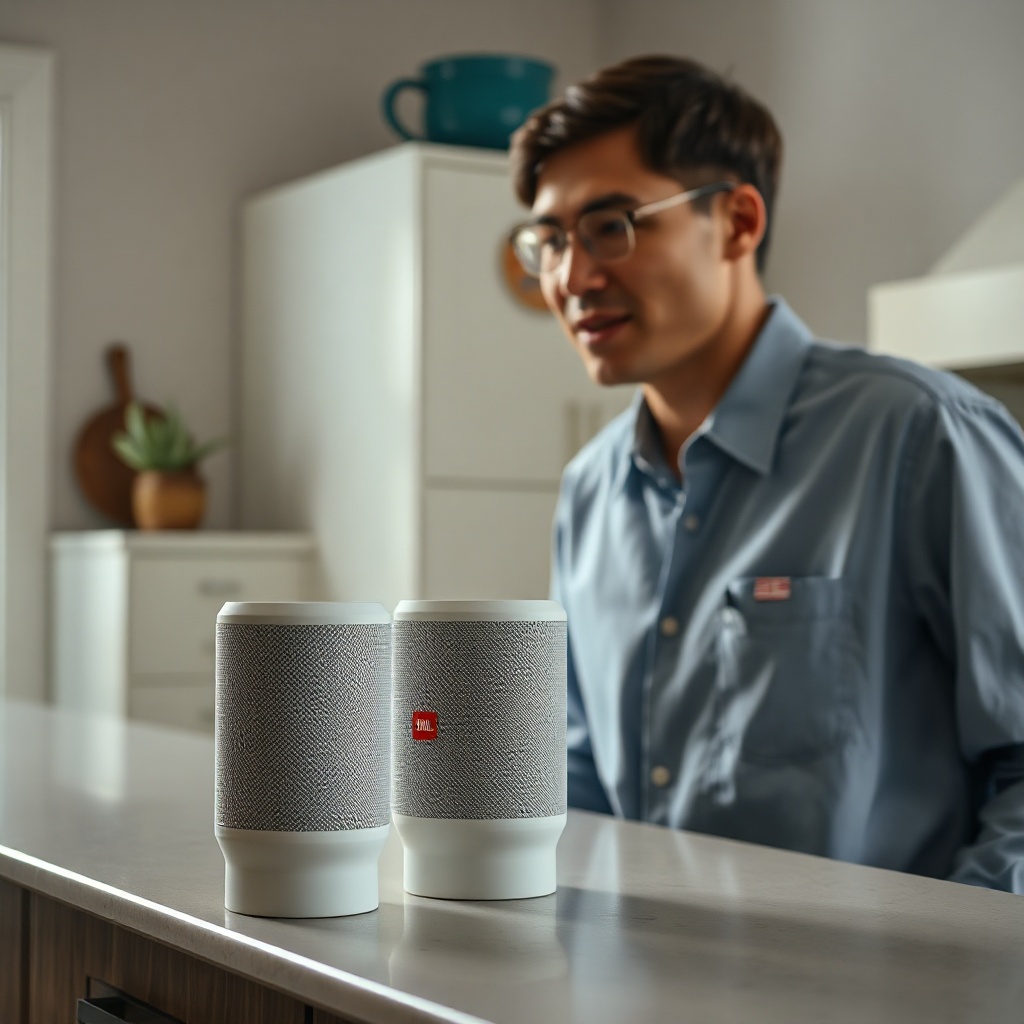 Realistic photo of a JBL Link Music speaker on a kitchen counter