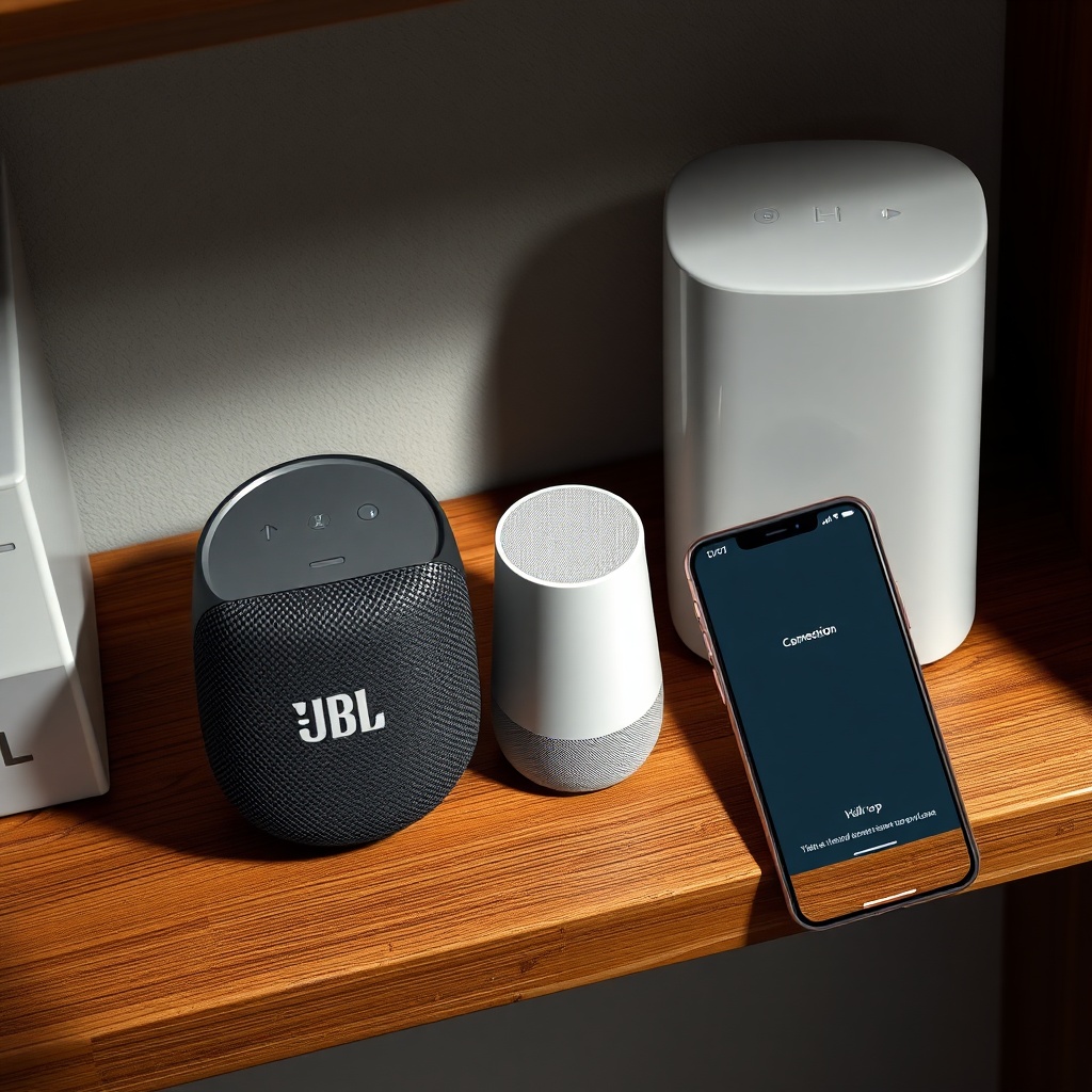 Photorealistic overhead shot of a JBL Link Music speaker on a wooden shelf near a white ro