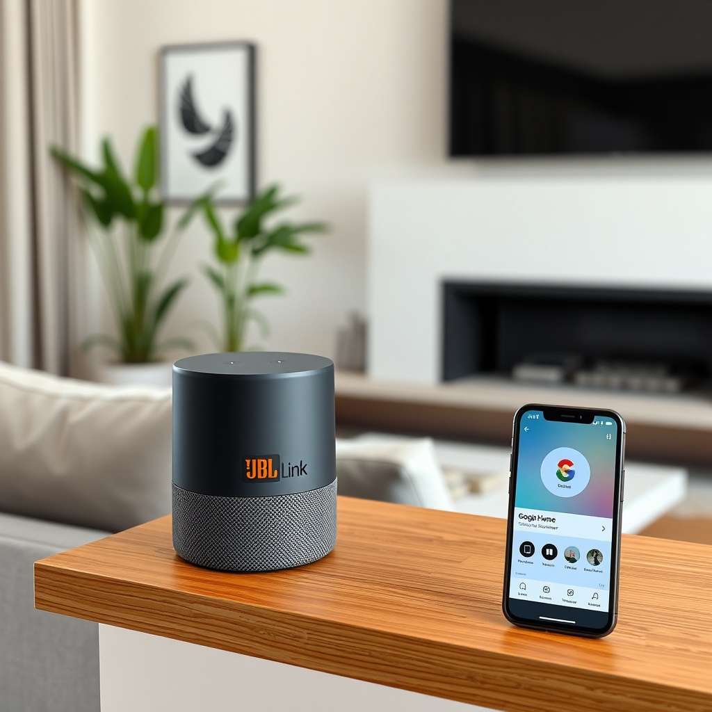 A JBL Link Music speaker sitting on a wooden shelf in a modern living room