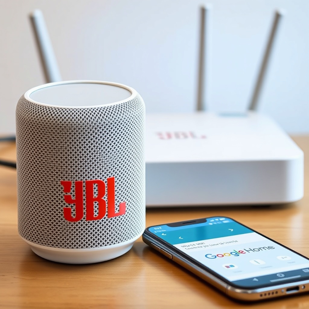 A close-up of a JBL Link Music speaker with a Wi-Fi router in the background