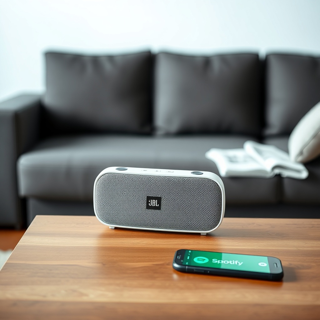 A clean photorealistic photo of a JBL Link Music speaker on a wooden table in a modern liv