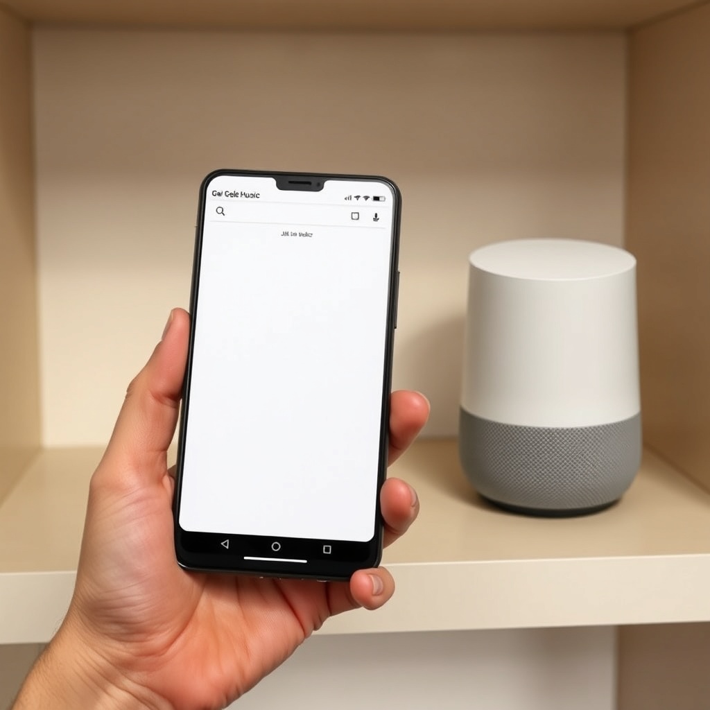 A clean photorealistic photo of a person's hand holding a smartphone with the Google Home