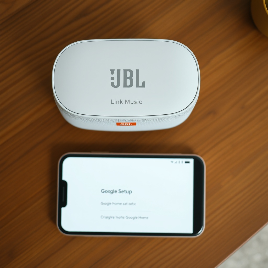 A photorealistic top-down view of a JBL Link Music on a wooden table