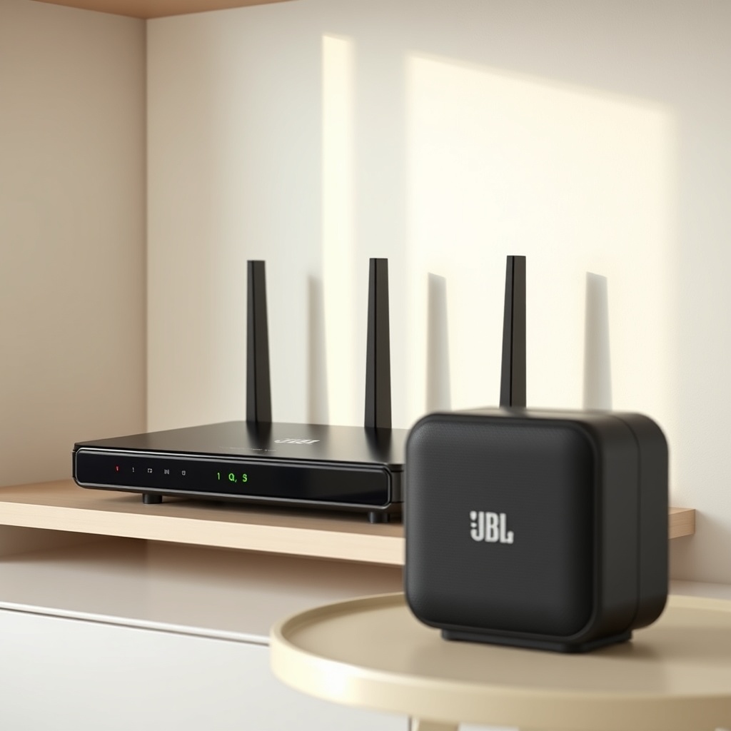 A photorealistic photo of a modern router on a shelf with a small green LED for the QoS se